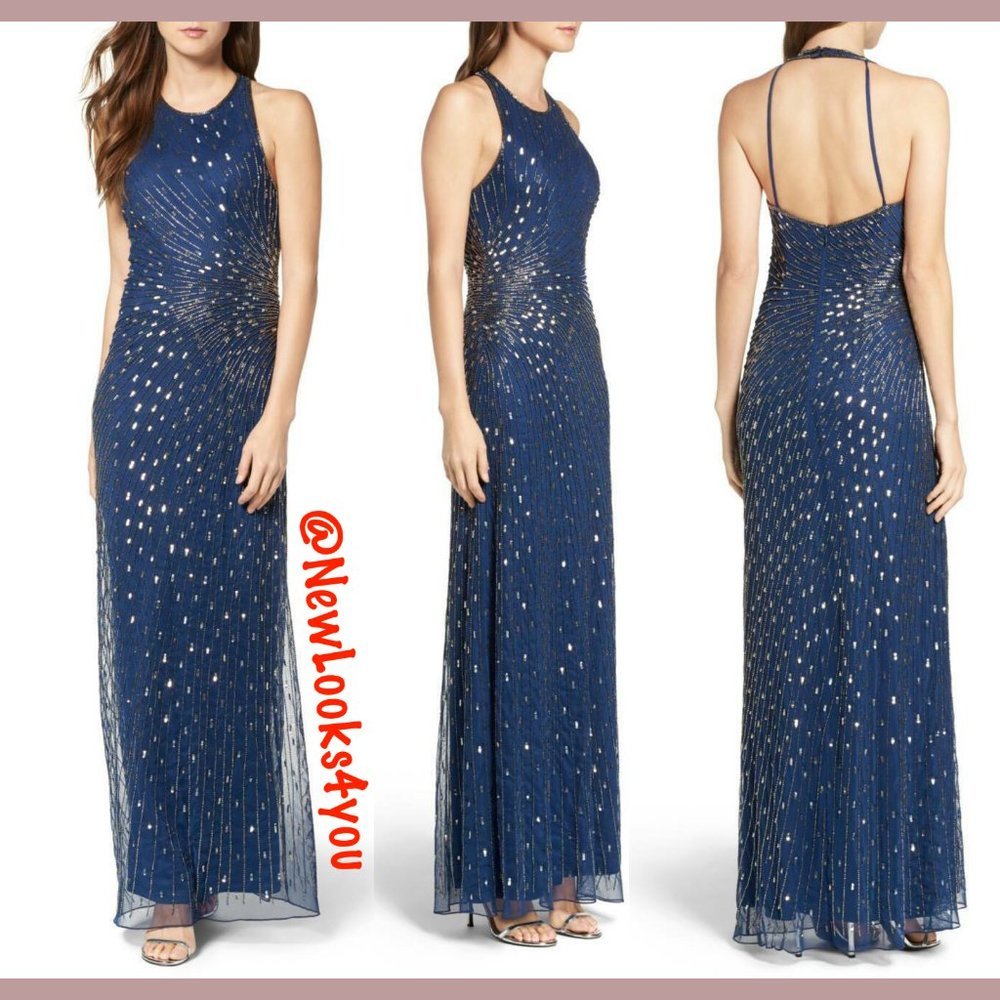 NEW Adrianna Papell Mesh Column Gown in‎ Twilight Mercy Blue [SIZE: 2 4  ]